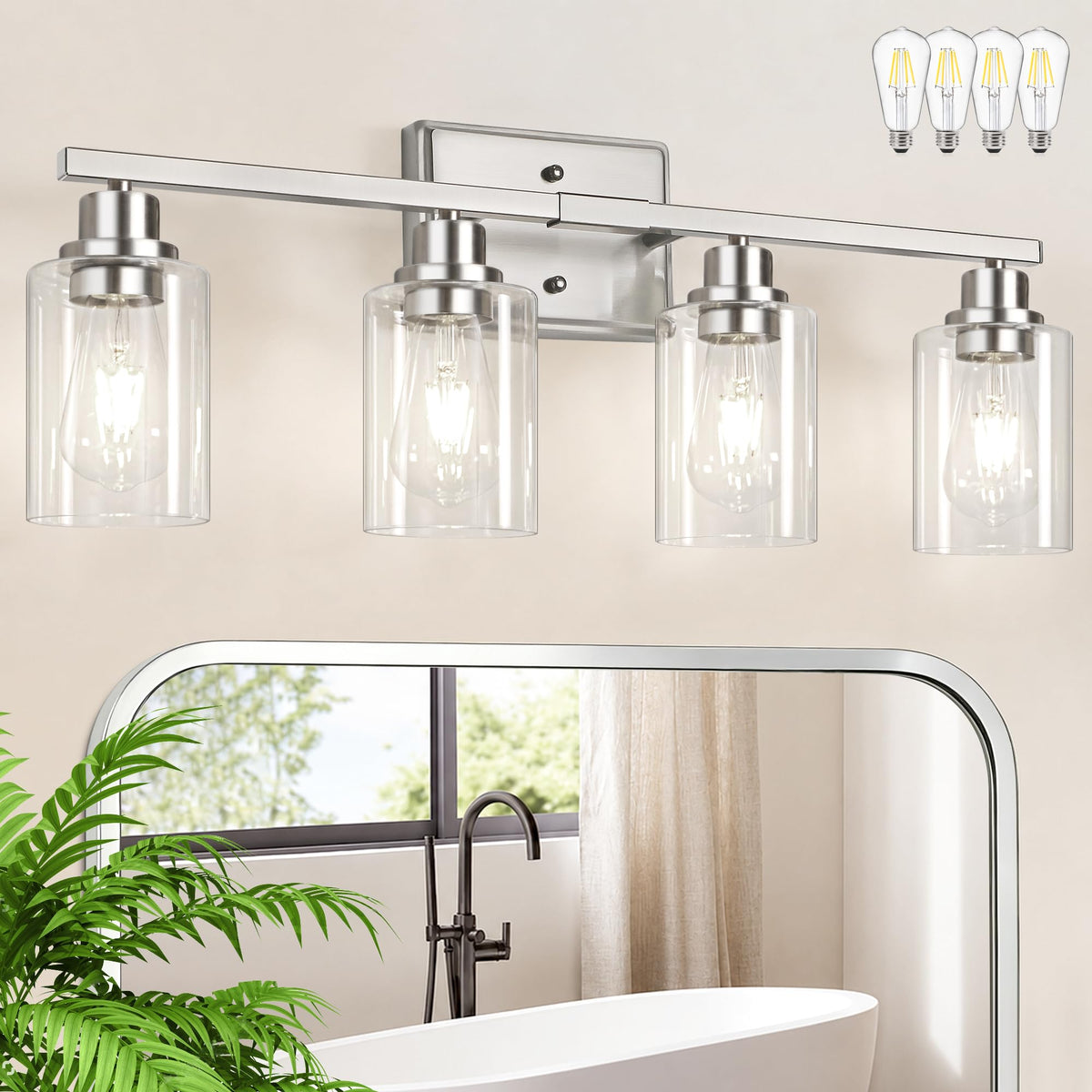 Modern Bathroom Light Fixtures, 4 Light Vanity Lights Over Mirror, Black Wall Lamp with Clear Glass for Living Room Cabinet Bedroom Porch