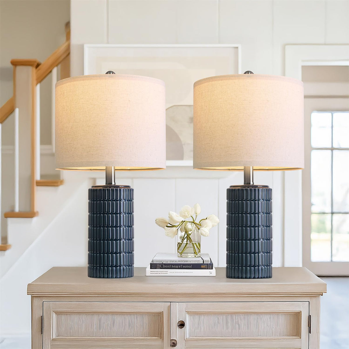 PoKat 20.75" Small Modern Ceramic Table Lamps Set of 2 for Bedroom, White | Bedside lamps for nightstands, farmhouse home decor, end table & desk light, ideal housewarming new home gift for women mom
