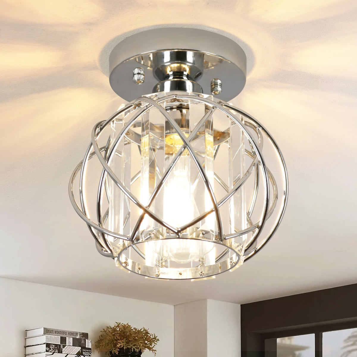 Hallway Ceiling Light fixtures,Flush Mount Ceiling Light Fixture E26 Ceiling Lighting with Crystal Small Chandelier Indoor Lighting for Foyer Entryway Bedroom Bathroom Closet Living Room