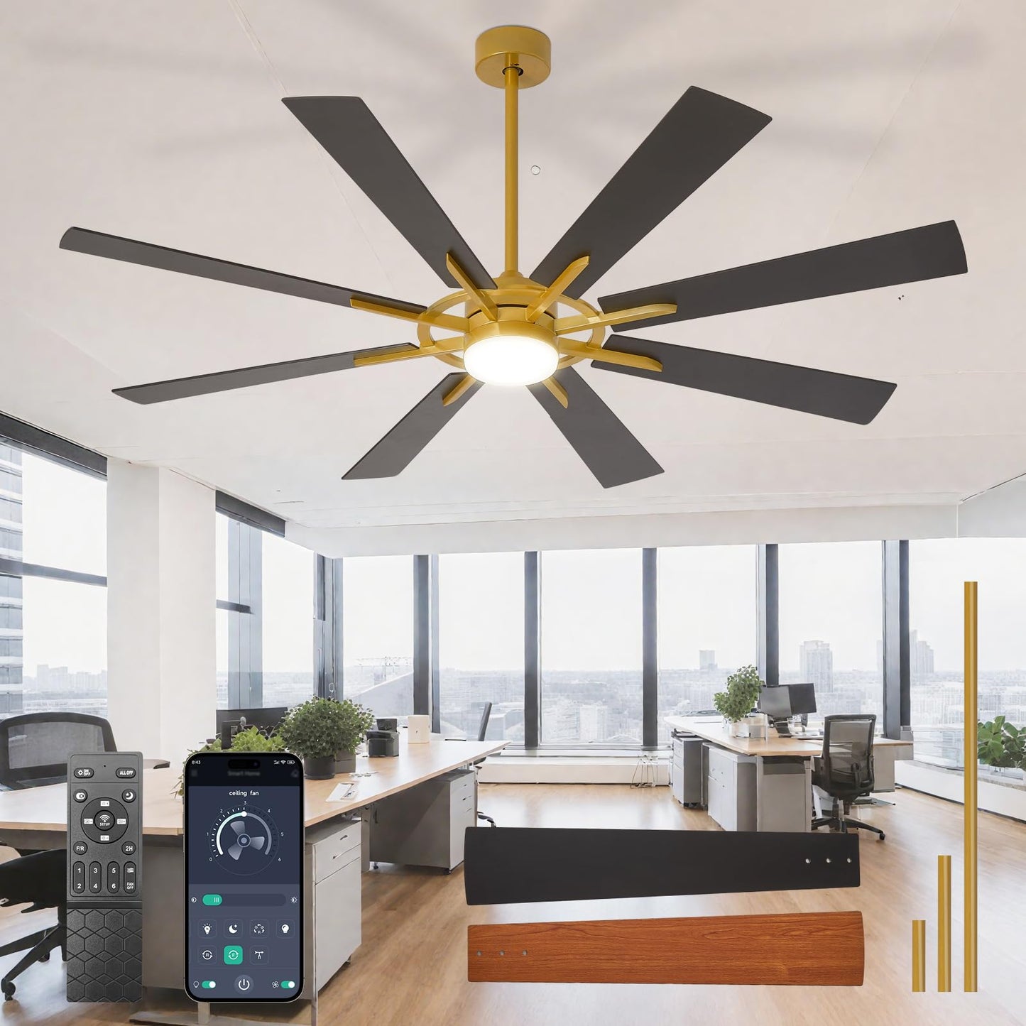 Large Ceiling Fans with Lights: Modern 72 Inch 8 Blade Outdoor Ceiling Fan with Remote APP Control - Dimmable Black Big Fan Light Indoor Reversible 6 Speed Quiet DC Motor