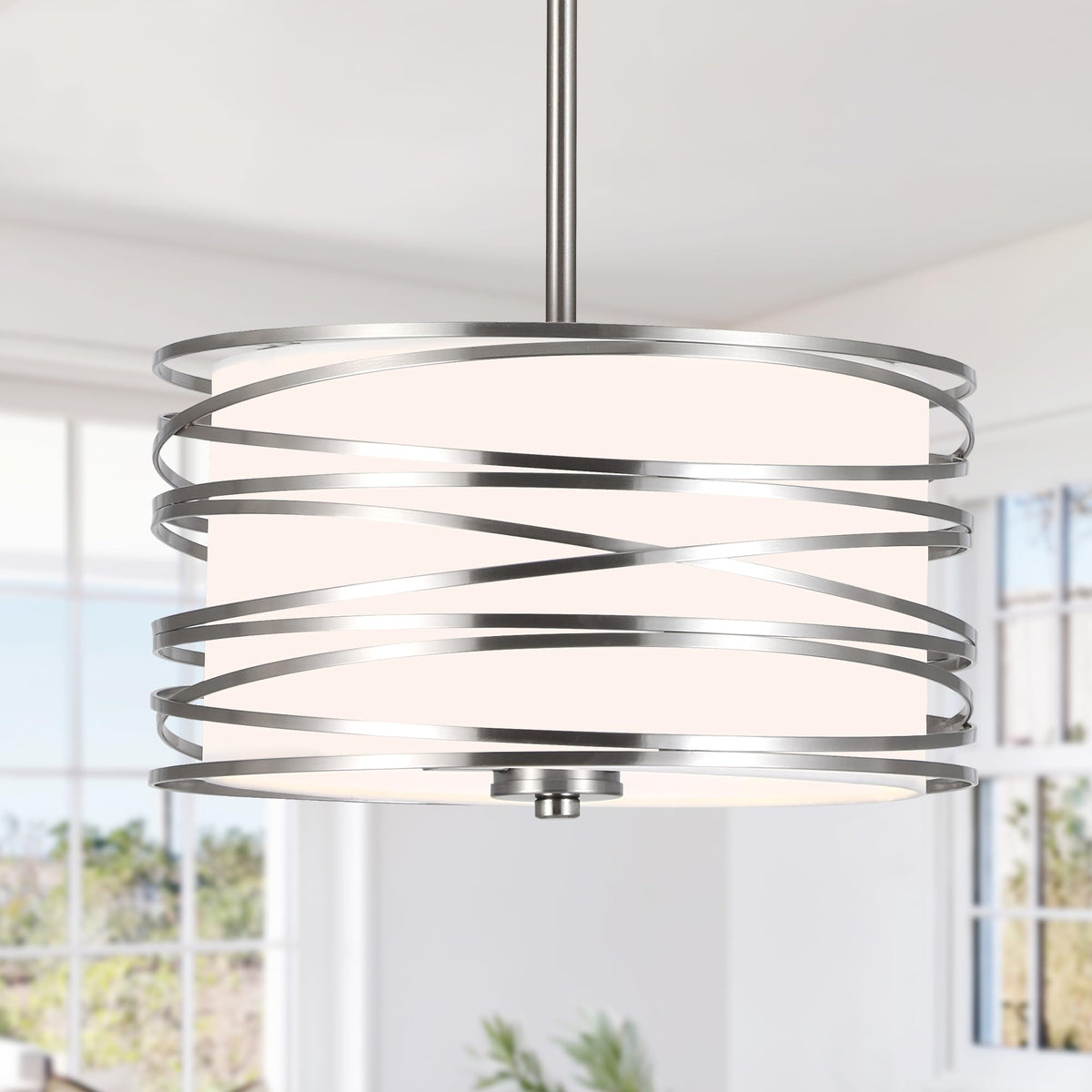 12.6'' Farmhouse Chandeliers for Dining Room, 3-Light Industrial Metal Hanging Light Fixture, Rustic Drum Pendant Light for Entryway Kitchen Foyer Bedroom, Black with Retro Wood Texture Interior