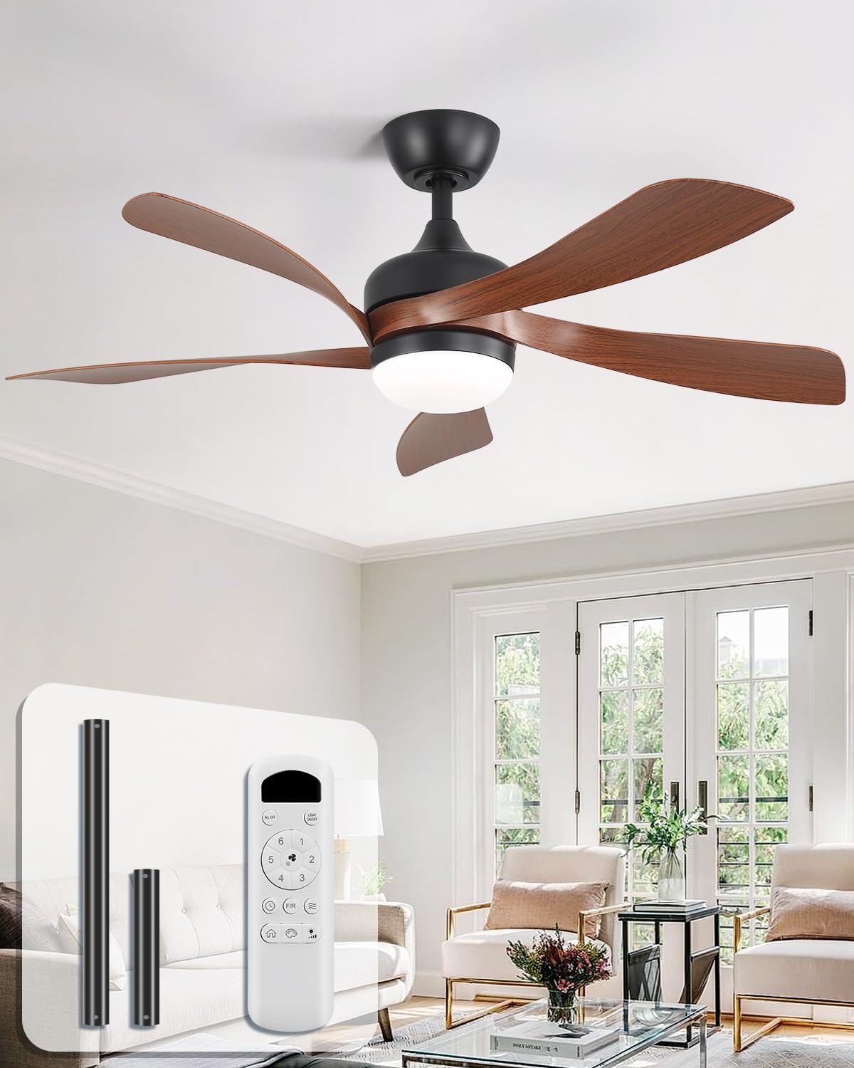 Sofucor 52 Inch Ceiling Fan with Light, 5 ABS Blades Brown | Remote Control Compatible, Reversible Quiet DC Motor, Timer, 6 Speeds, 3-CCT for Living Room Bedroom Patio Farmhouse