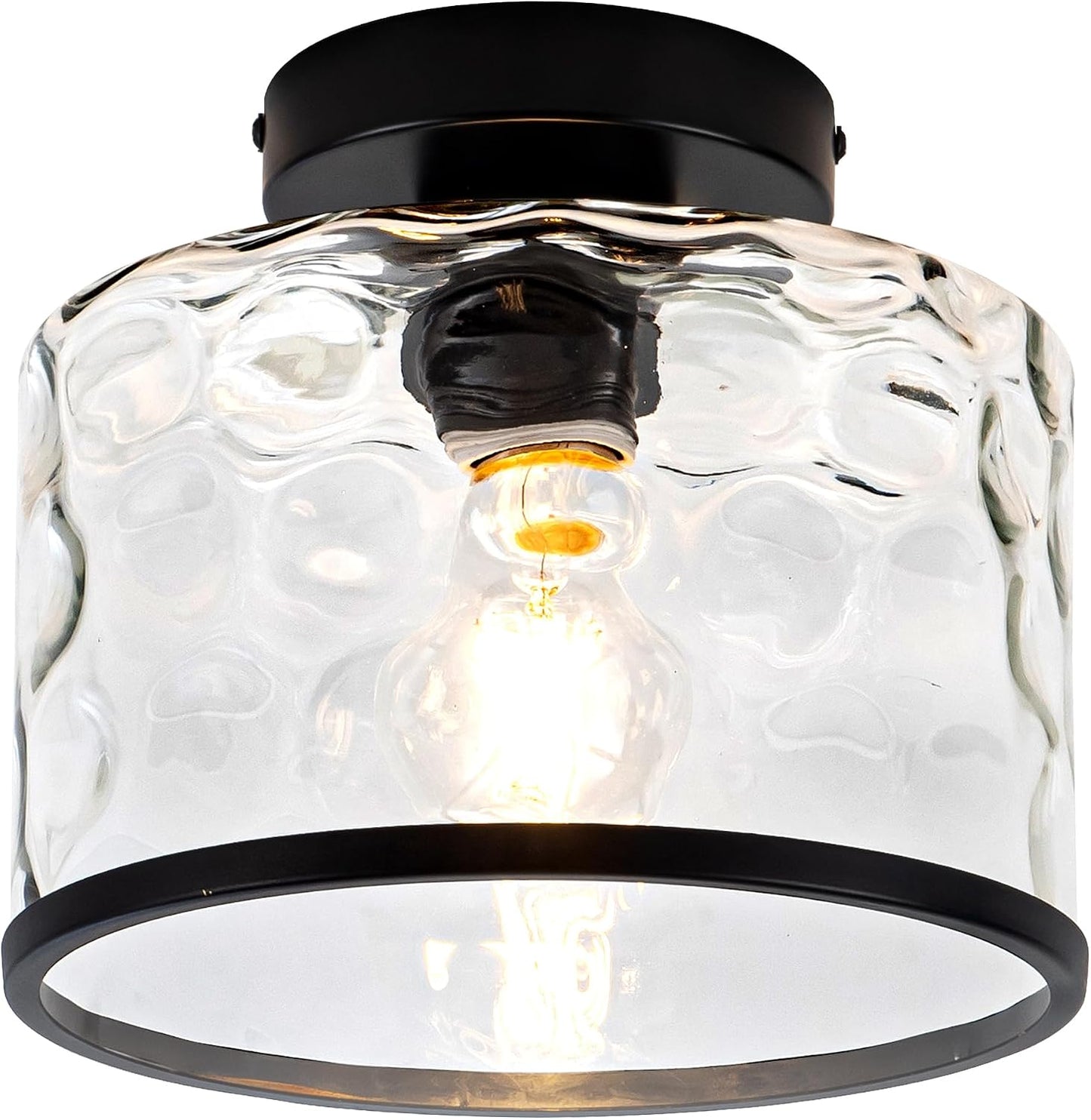 Zlepmlla Glass Ceiling Light, Black Semi Flush Mount with Hammered Glass Shade, Farmhouse Light Fixture for Hallway, Bathroom, Entryway, Kitchen,Living Room
