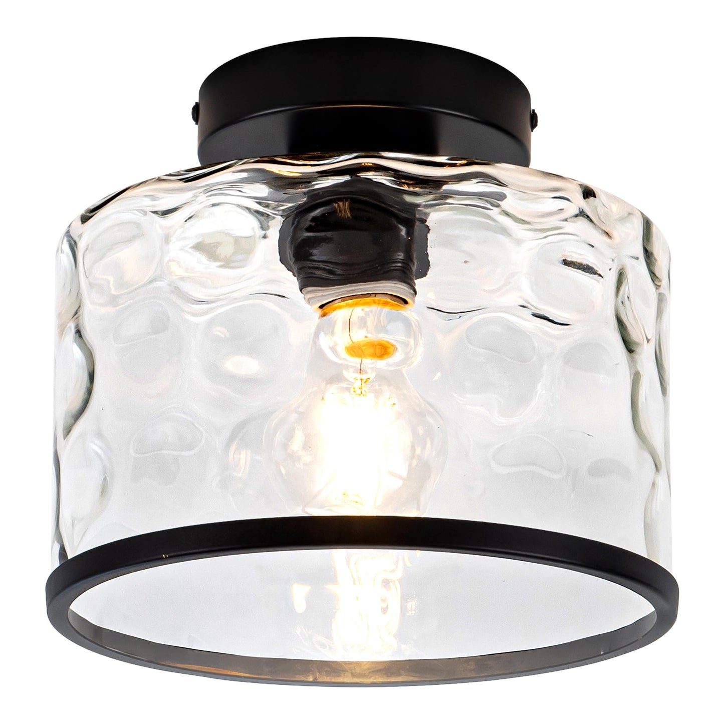 Zlepmlla Glass Ceiling Light, Black Semi Flush Mount with Hammered Glass Shade, Farmhouse Light Fixture for Hallway, Bathroom, Entryway, Kitchen,Living Room