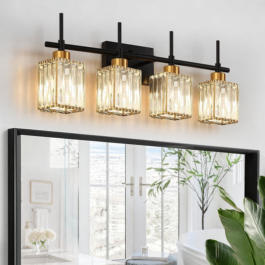 Torondo Modern Crystal Bathroom Vanity Light 4-Lights Gold Bathroom Light Fixtures Over Mirror Black and Gold Vanity Lighting Fixtures Gold Square Shade Brass Wall Sconce (Bulbs Not Include)