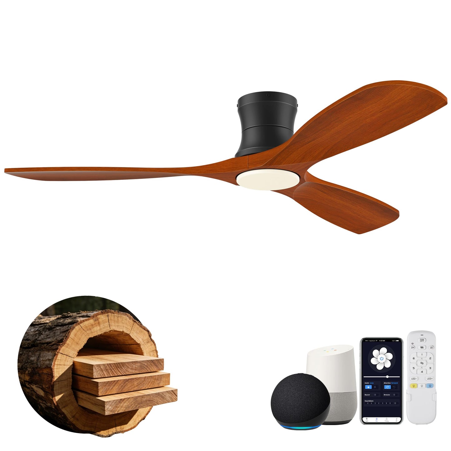 52" Wood Low Profile Ceiling Fans with Lights Remote,Flush Mount,Smart | Alexa/App Control,Easy Install,Quiet,Light Wood White,Hugger LED Ceiling Fan for Modern Outdoor Indoor Patio Bedroom,High CFM
