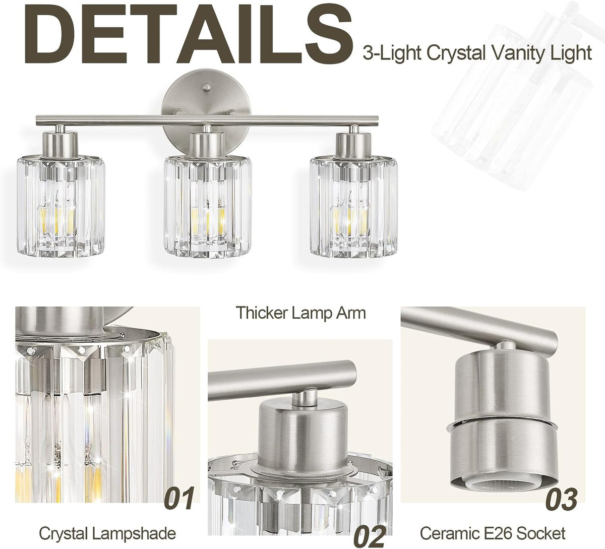 Modern Brushed Nickel Crystal Bathroom Light Fixtures,3-Light | Bathroom Lighting Fixtures over Mirror,Vanity Lights for Mirror, Restroom(Ceramic E26 Socket,Bulbs Not Include)