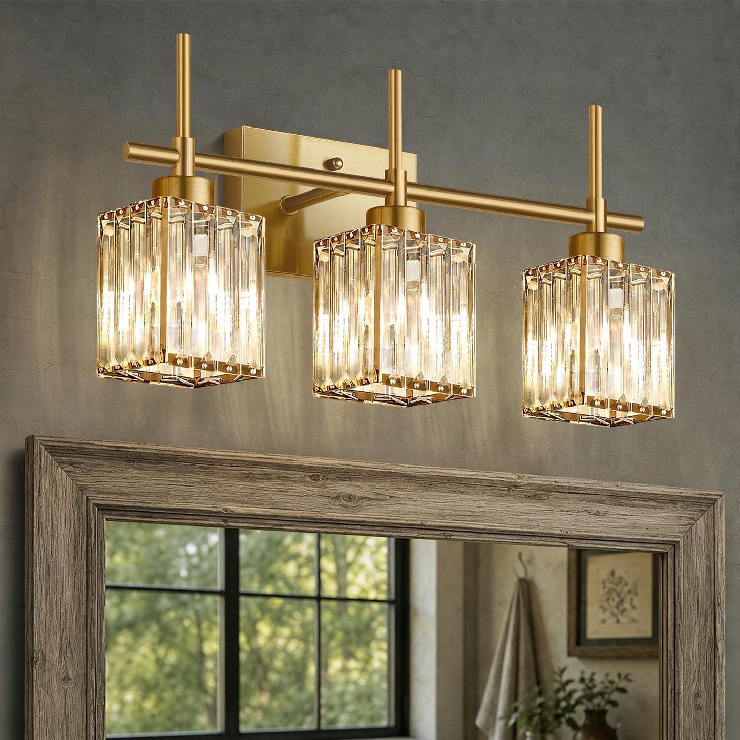 Torondo Modern Crystal Bathroom Vanity Light 4-Lights Gold Bathroom Light Fixtures Over Mirror Black and Gold Vanity Lighting Fixtures Gold Square Shade Brass Wall Sconce (Bulbs Not Include)