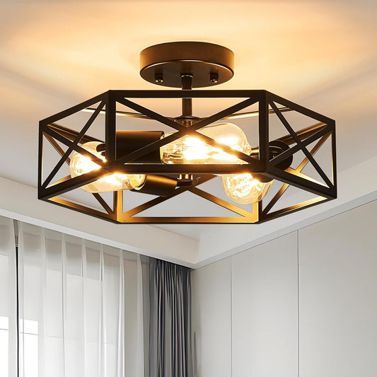 Modern Farmhouse Black Metal Semi Flush Mount Ceiling Light Fixture 14.6 in | Industrial Lighting Fixture,Hexagonal Close to Ceiling Lights for Kitchen Island, Hallway,Bedroom,Foyer,Dining,Laundry Room