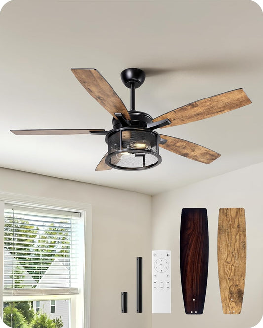 EDISHINE 52" Farmhouse Ceiling Fans with Lights and Remote, 5 Wooden Blades | 10%-100% Dimmable, Timer, 6 Speeds Reversible DC Motor, Wooden Blades Lighting Ceiling Fans for Living Room, Bedroom, Wood