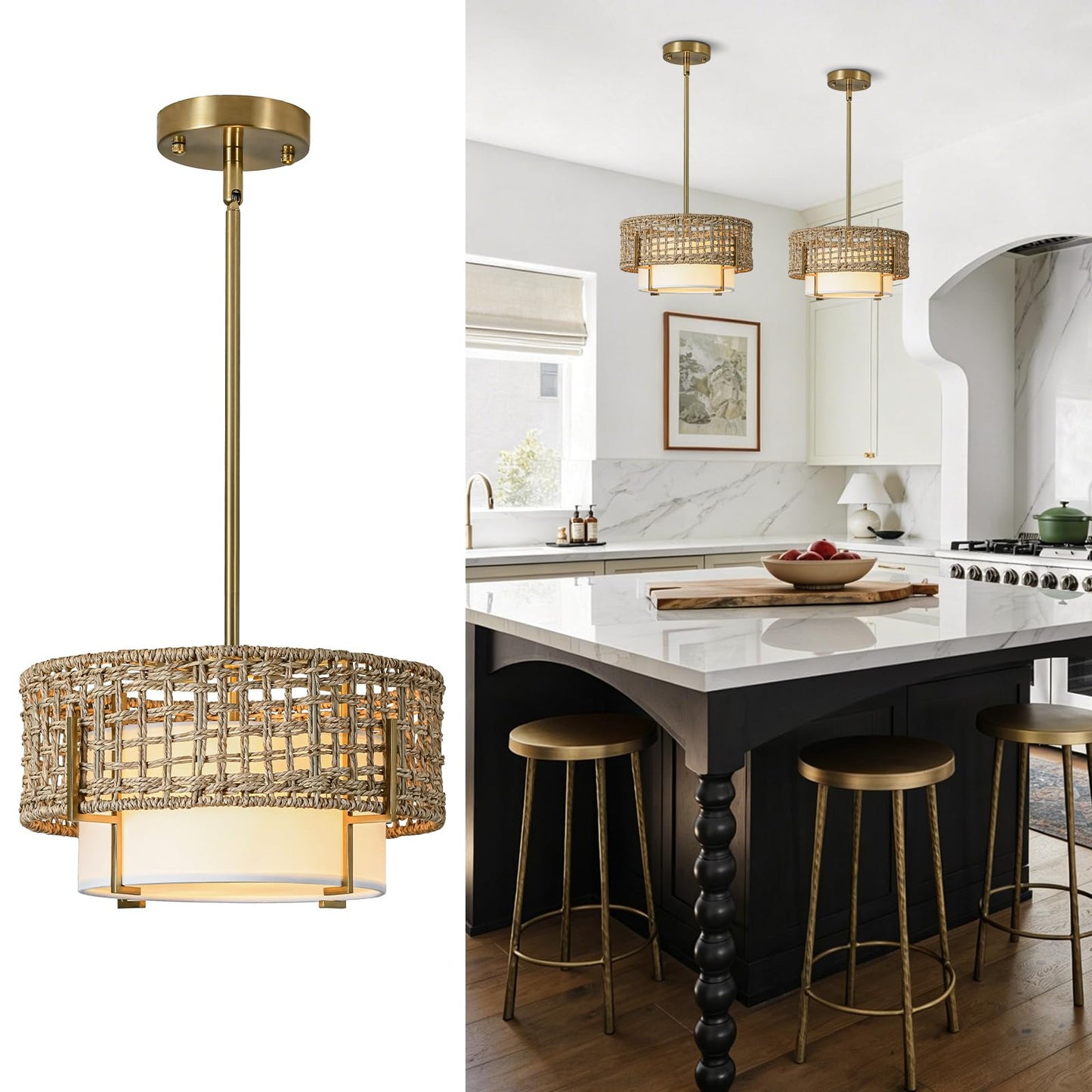 4-Light Rattan Chandelier for Dining Room, 19.7" Boho Pendant Light | Hand Woven, Drum Design with Fabric Shade, Farmhouse Style, for Living Room, Kitchen Island, Bedroom, Hallway, Foyer