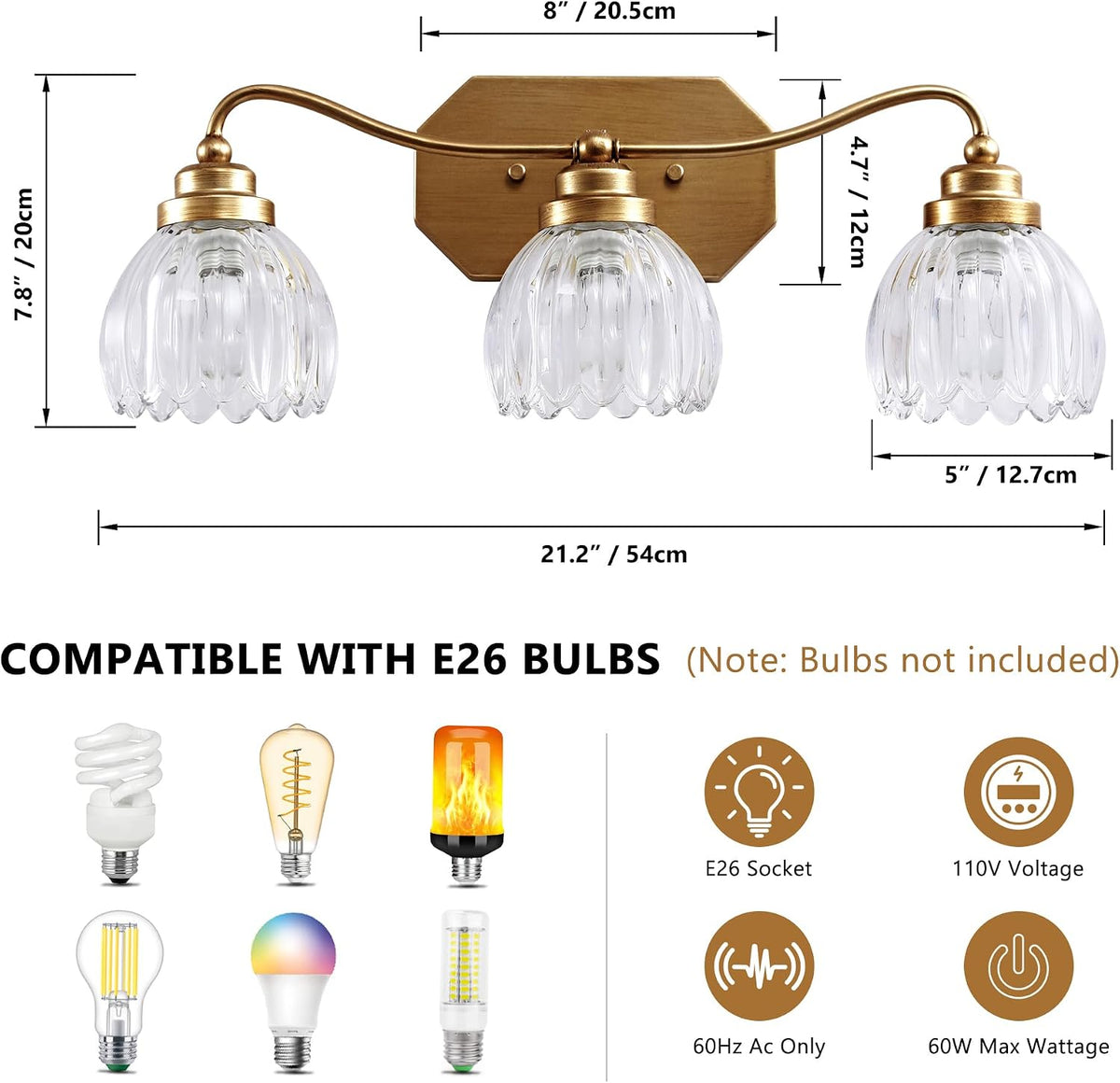 3 Light Gold Vintage Vanity Lights, Antique Brass Finish | Clear Tulip Crystal Shades,Brushed Gold Bathroom Light Fixtures,Wall Sconce Ideal for Bedroom, Hallway, Easy to Install