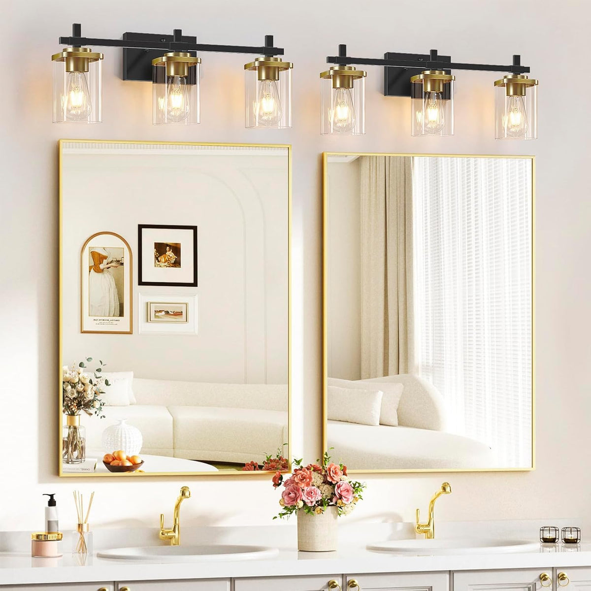 3-Lights Black and Gold Bathroom Light Fixtures Over Mirror, Modern Brushed Gold Vanity Lights for Bathroom, Sconces Wall Lighting with Square Glass Shade for Mirror Bedroom Hallway