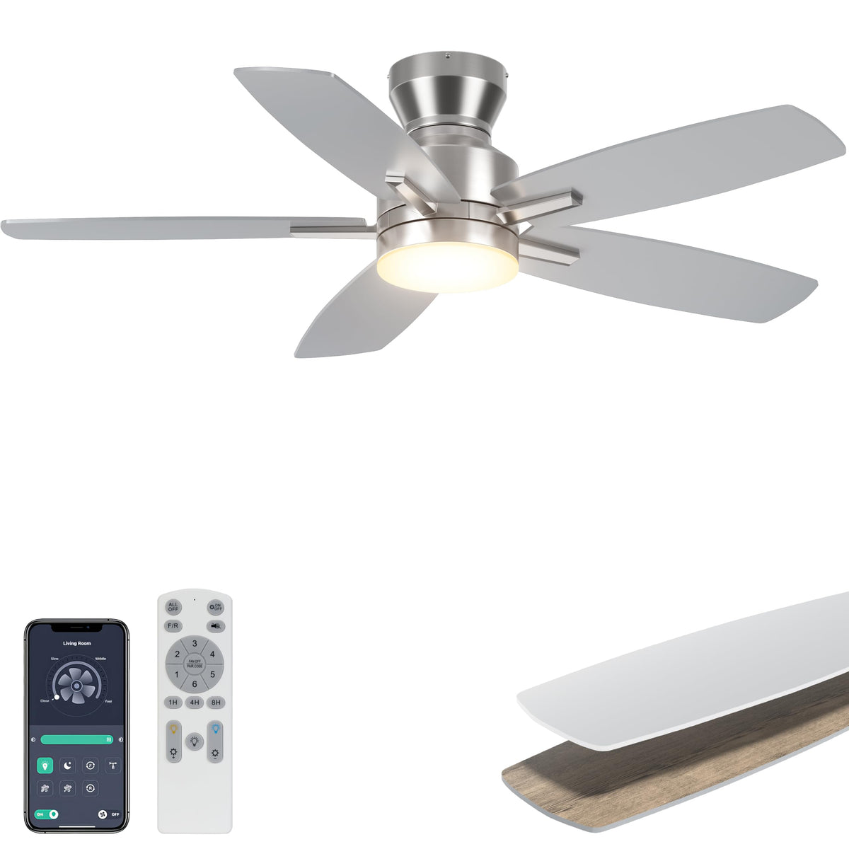 Ohniyou 52'' Low Profile Ceiling Fan with Lights, Remote/APP Control, Black | Flush Mount, Dimmable 3CCT LED, Quiet Reversible DC Motor; Memory Function, 4580 CFM, for Indoor Bedroom Living Room