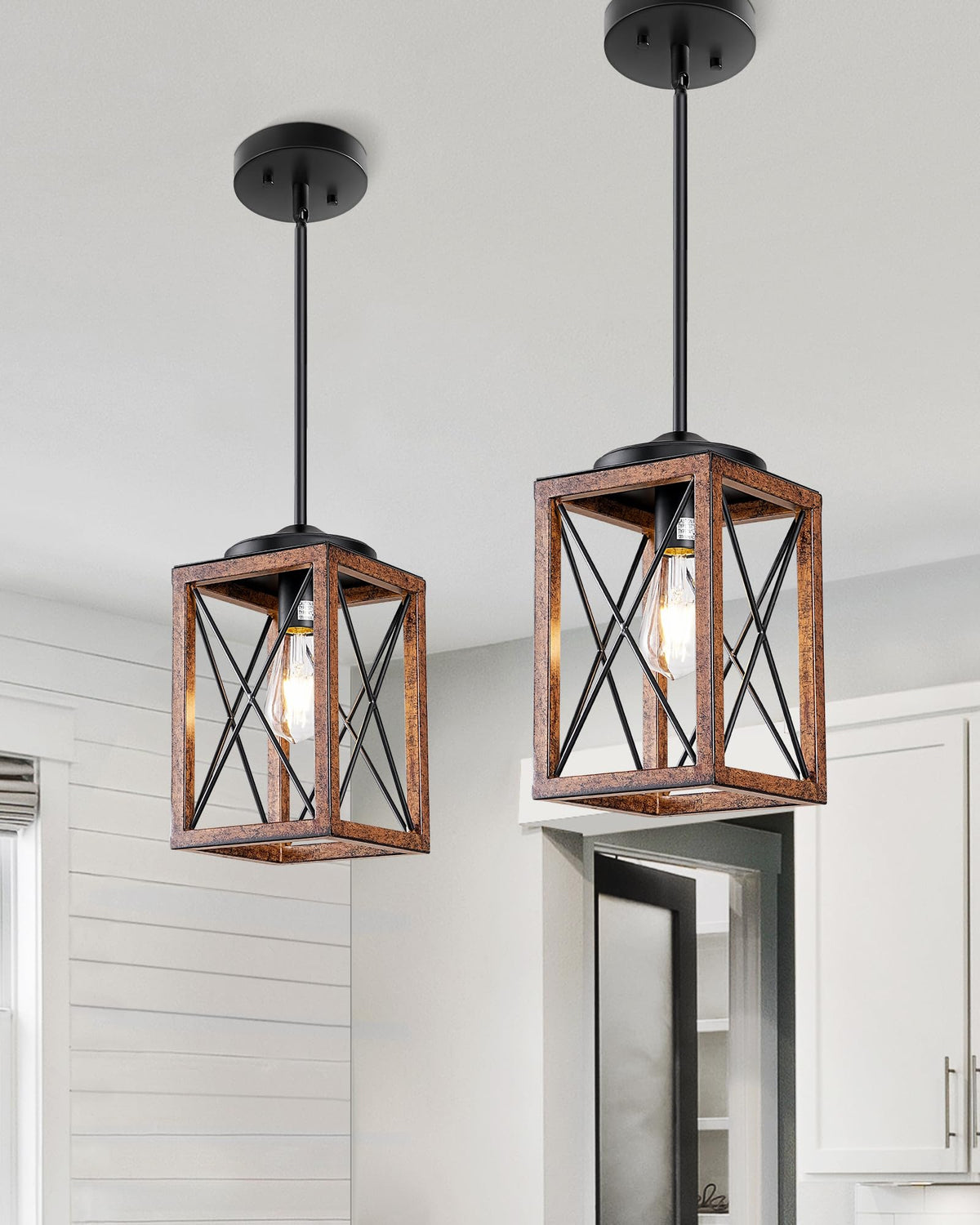 DEWENWILS Farmhouse Pendant Light, Metal Hanging Light Fixture with Wooden Grain Finish, 48 Inch Adjustable Pipes for Flat and Slop Ceiling, Kitchen Island, Bedroom, Dining Hall, E26 Base