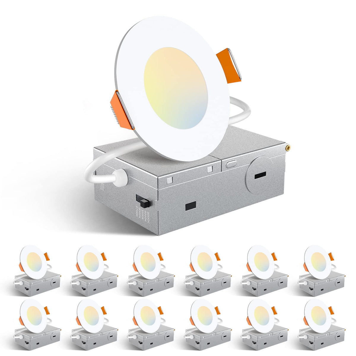 Amico 12 Pack 6 Inch LED Recessed Lighting, Canless Wafer Downlight, White | 5CCT 2700K-5000K, 5%-100% Dimmable, Ultra-thin, Metal housing, 1050LM 12W 120V, IC & Damp Rated, ETL & FCC, 50000h Life Span