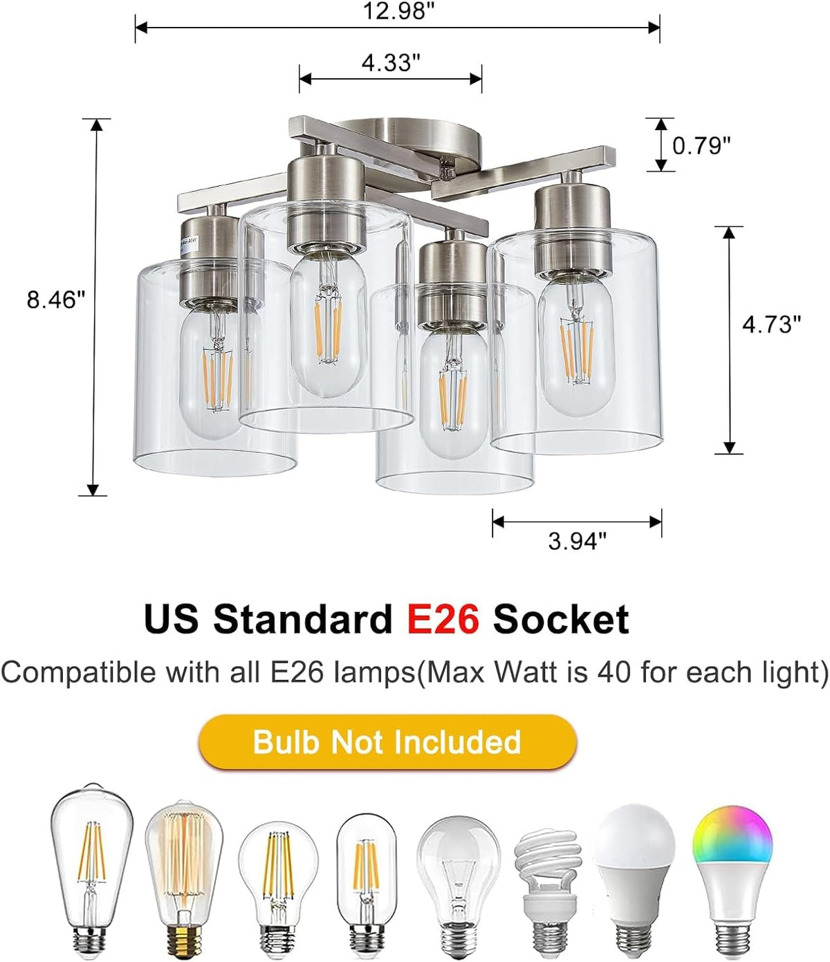 Semi Flush Mount Ceiling Light Kitchen Lighting Fixtures Ceiling Brushed Nickel Kitchen Cieling Light Fixtures with Clear Glass Shade for Dining Room Bedroom Living Room Hallway E26 Scoket