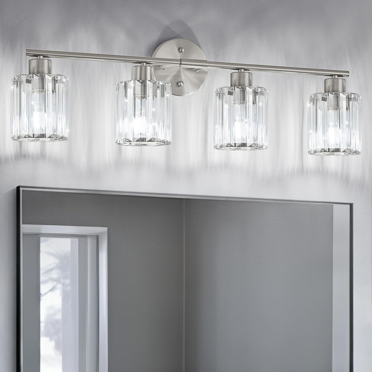 Modern Brushed Nickel Crystal Bathroom Light Fixtures,3-Light | Bathroom Lighting Fixtures over Mirror,Vanity Lights for Mirror, Restroom(Ceramic E26 Socket,Bulbs Not Include)