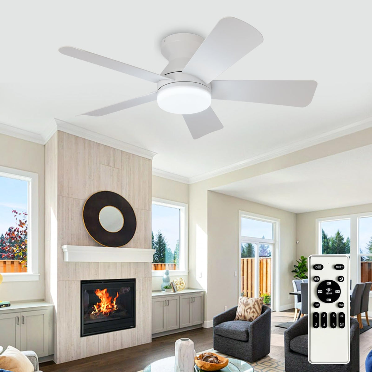 Depuley Modern Ceiling Fan with Light: 42-Inch Black Small Fans for Bedroom Indoor Outdoor - Dimmable Low Profile Ceiling Fans with Remote Control Flush Mount 5 Reversible Black Blades 6 Speeds Timer