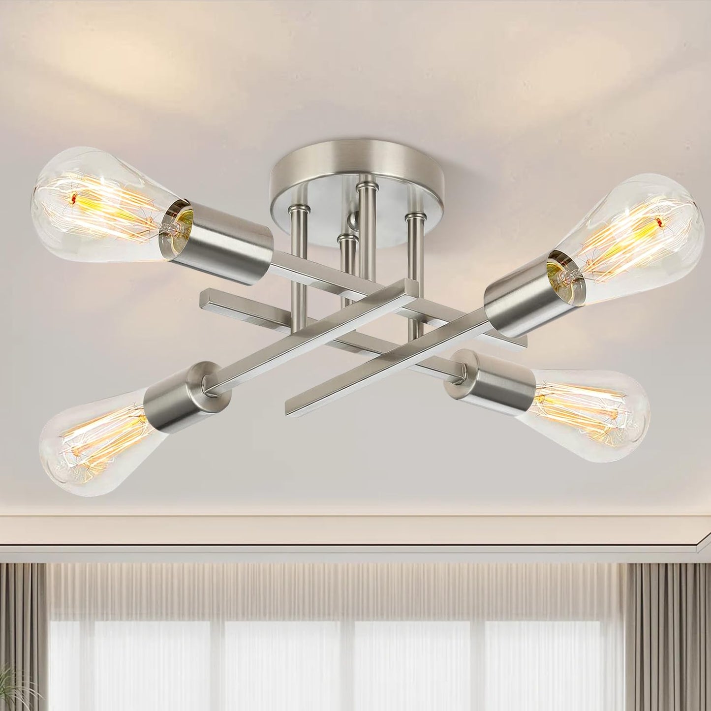 Ceiling Light, 4-Light Matte Black Semi Flush Mount Ceiling Light Fixture | Modern Dining Room Light Fixture with E26 Base,Kitchen Lighting Fixtures Ceiling, Sputnik Chandelier for Bedroom Living Room