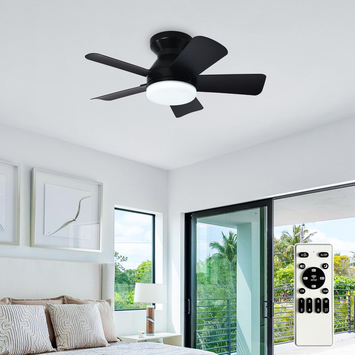 Depuley Modern Ceiling Fan with Light: 42-Inch Black Small Fans for Bedroom Indoor Outdoor - Dimmable Low Profile Ceiling Fans with Remote Control Flush Mount 5 Reversible Black Blades 6 Speeds Timer