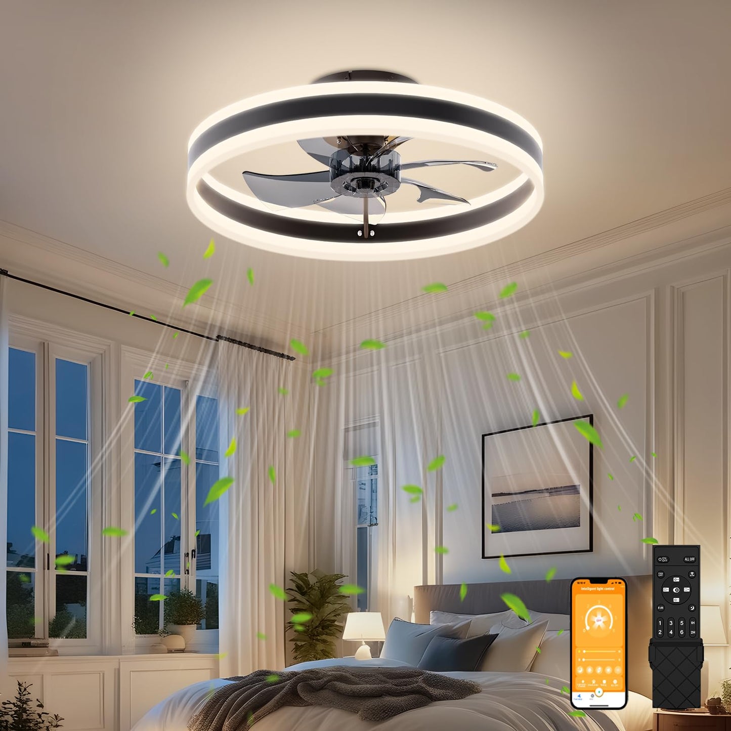 VOLISUN Low Profile Ceiling Fans with Lights and Remote, 27.6in Flush Mount Ceiling Fans with Light, 3000K-6500K Dimmable Fandelier LED Fan Light, Black Bladeless Ceiling Fans with Lights for Bedroom