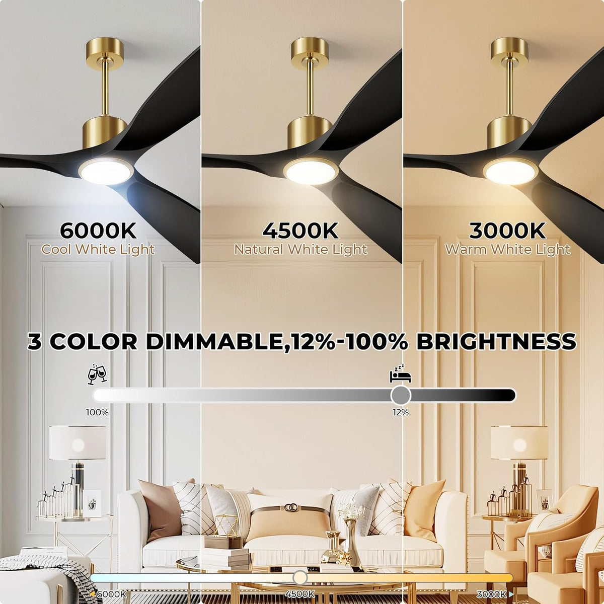 Ceiling Fans with Lights, Ceiling Fans with Lights and Remote Control, 52 inch Ceiling Fan with Light, Outdoor Ceiling Fans for Patios 3 Blade Bedroom Living Room-Matte Black and Gold