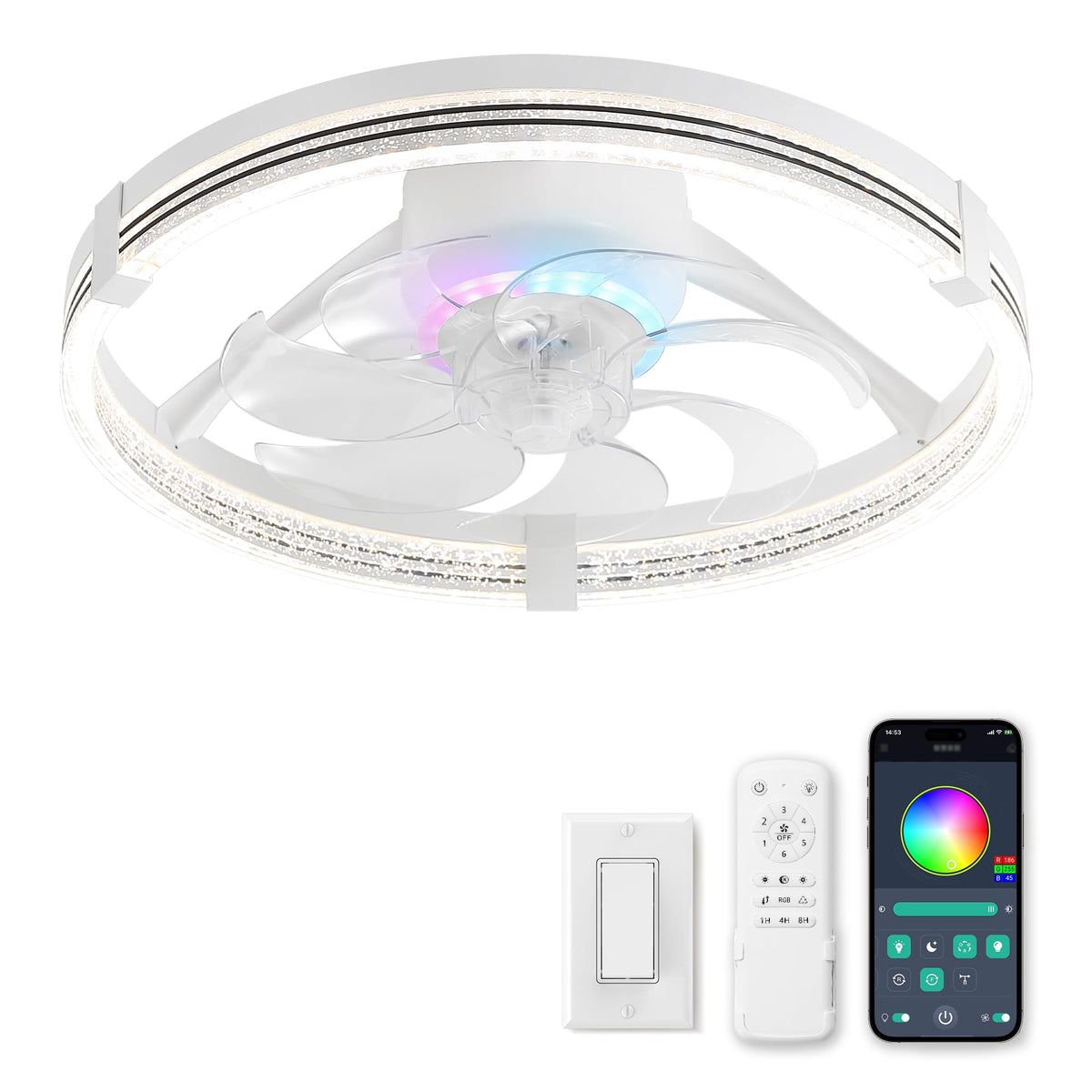 ZMISHIBO Ceiling Fan with Light and remote, 23'' Low Profile Ceiling Fans | Flush Mount Modern Ceiling Fan and Remote Control, 3000K-7000K Dimmable, Modern Fandelier for Bedroom, Living Room