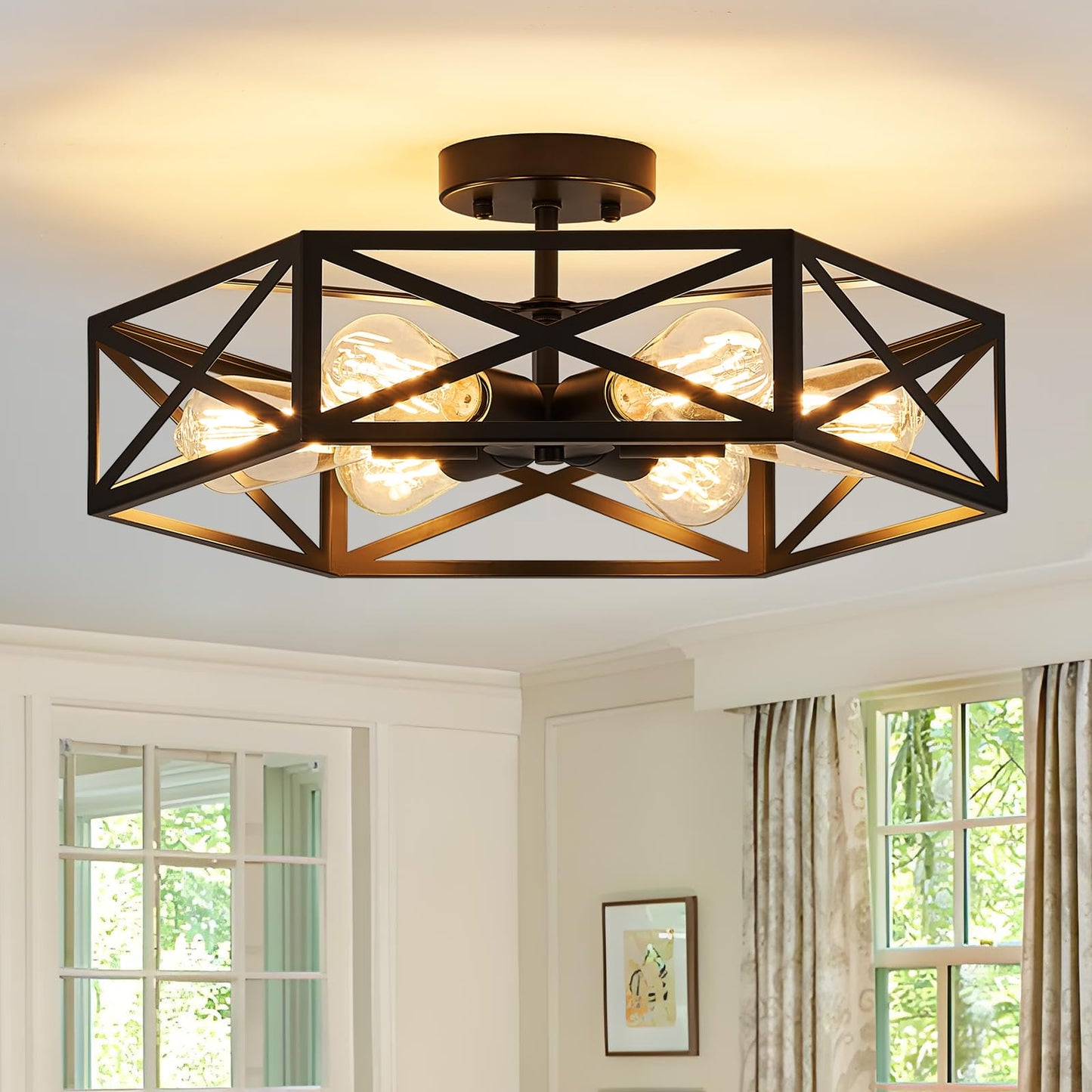 Modern Farmhouse Black Metal Semi Flush Mount Ceiling Light Fixture 14.6 in | Industrial Lighting Fixture,Hexagonal Close to Ceiling Lights for Kitchen Island, Hallway,Bedroom,Foyer,Dining,Laundry Room