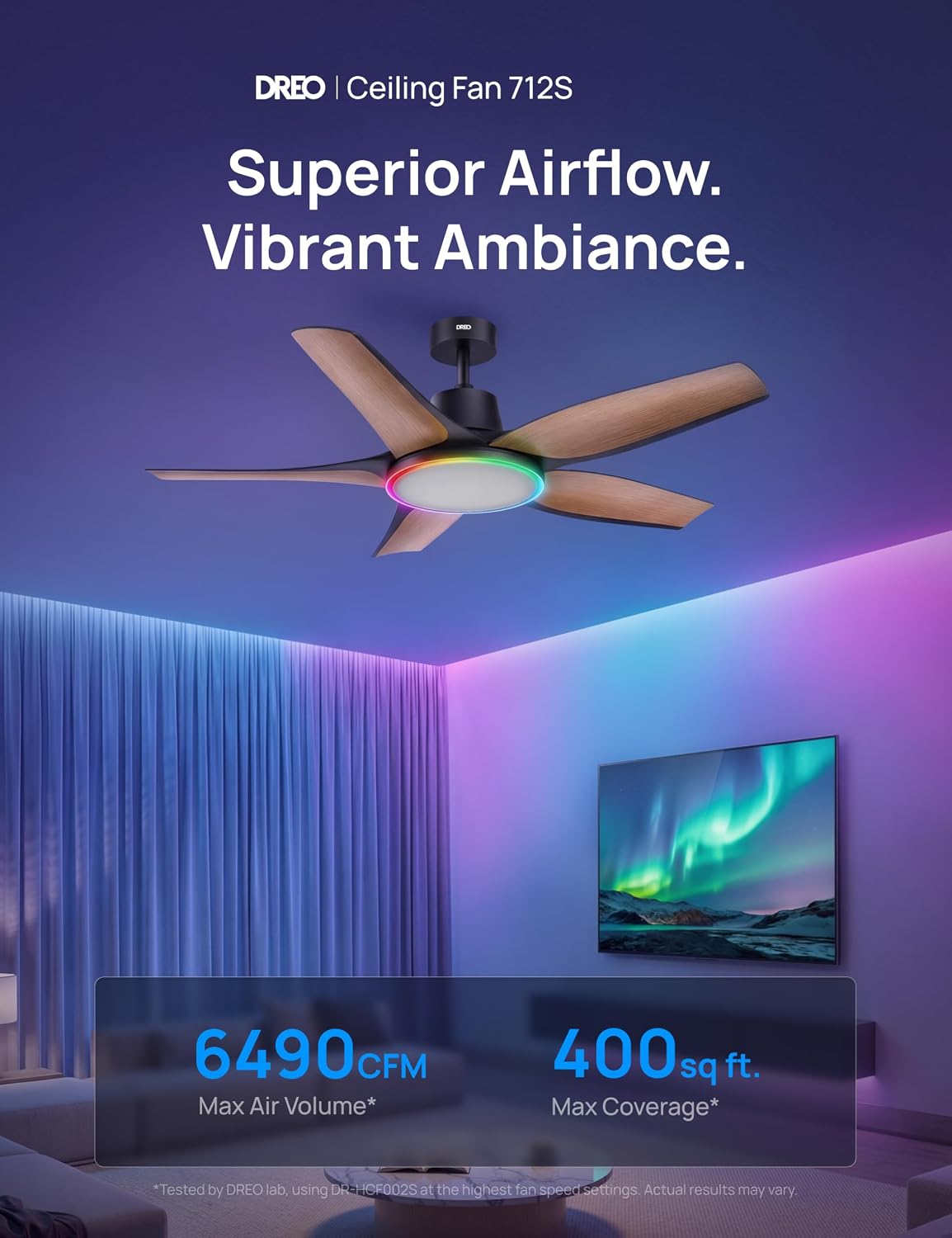DREO Smart RGBIC Ceiling Fans with Lights, Low profile Ceiling Fan with Alexa/App, 52'' Dimmable Lighting & Color Tuning, 25dB Quiet for Living Room, Game Room, Easy Installation, Black, 2026 Upgraded