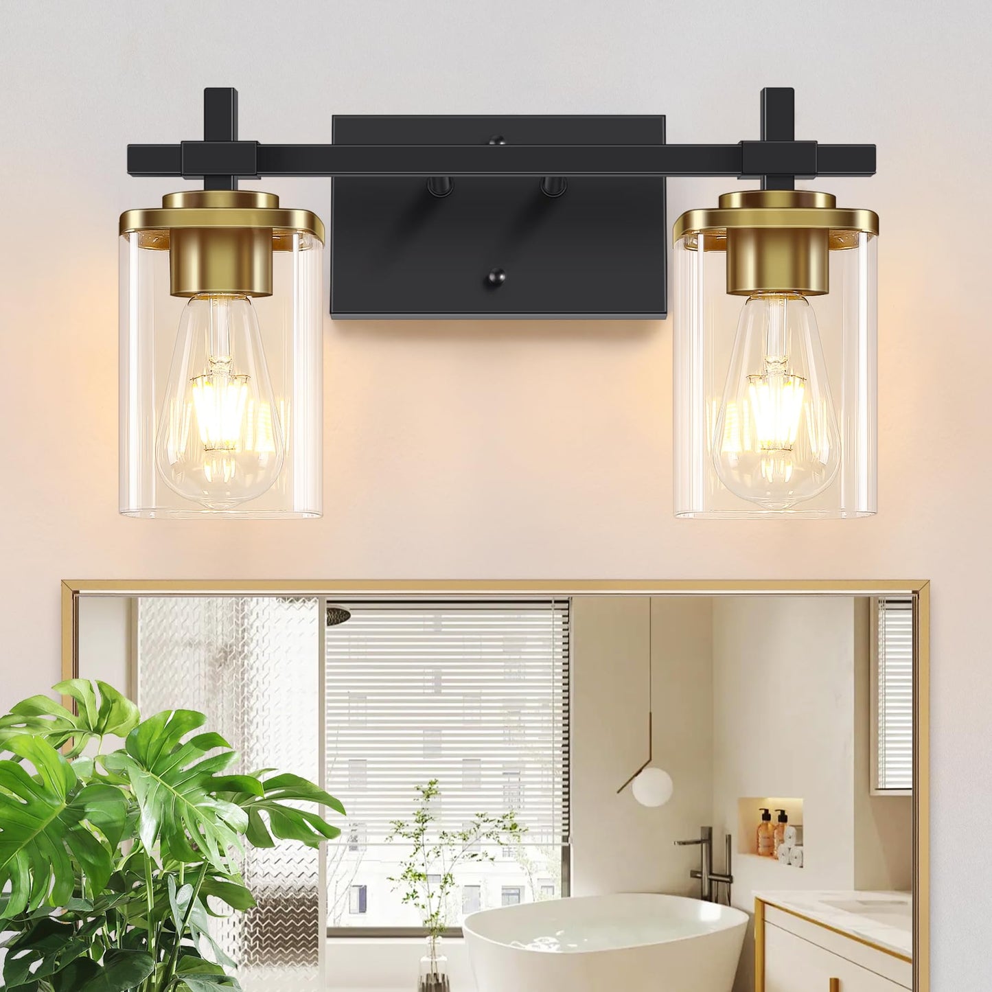3-Lights Black and Gold Bathroom Light Fixtures Over Mirror, Modern Brushed Gold Vanity Lights for Bathroom, Sconces Wall Lighting with Square Glass Shade for Mirror Bedroom Hallway