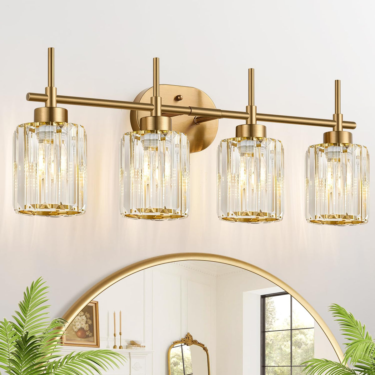 Modern Crystal Bathroom Vanity Light, 3-Light Brushed Gold Bathroom Light Fixtures with Clear Shades, Vanity Lighting Fixtures Over Mirror (Exclude Bulb)