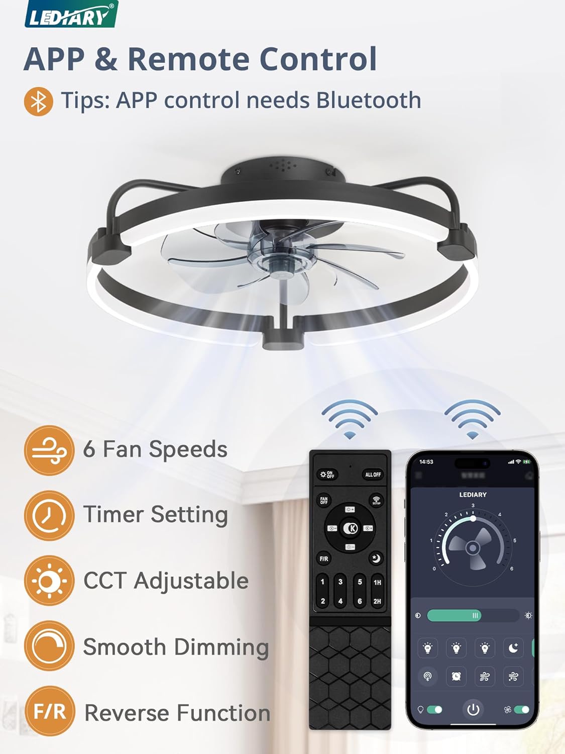 LEDIARY 20" Ceiling Fans with Lights and Remote, Low Profile Led Fan Light | Flush Mount, Stepless Dimmable Fandelier, 6 Speeds, 3 CCT, Quiet Reversible DC Motor, 2H Timer, Bedroom, Living Room, Black