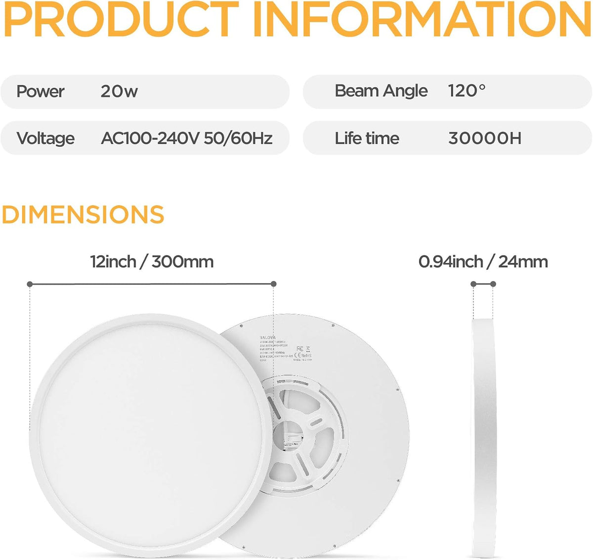 TALOYA 2 Pack 12 Inch LED Flush Mount Ceiling Light Fixture,20W 5CCT | Edge-Lit LED Ceiling Light Fixture for Bedroom,Kitchen,Laundry,Basement,Closet Room,3000K-6500K,100-240V Compatible,White