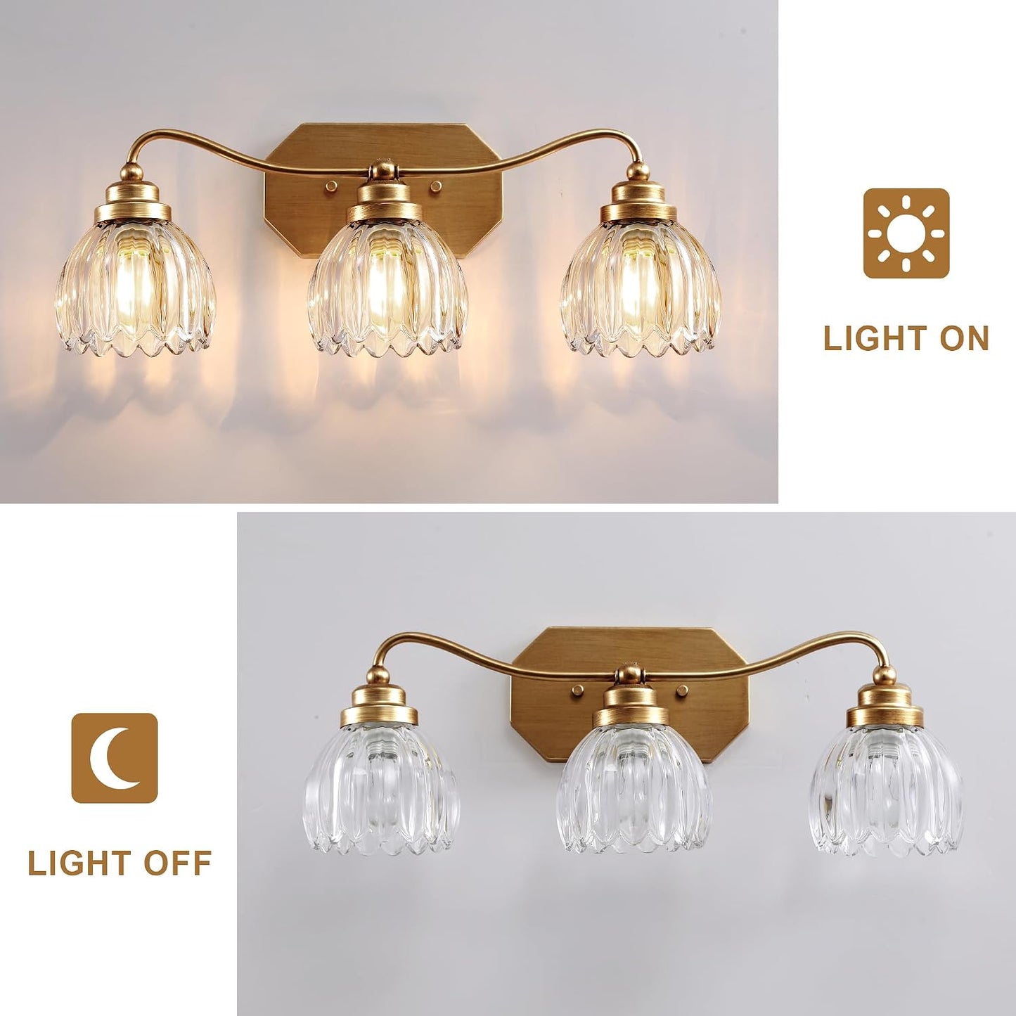 3 Light Gold Vintage Vanity Lights, Antique Brass Finish | Clear Tulip Crystal Shades,Brushed Gold Bathroom Light Fixtures,Wall Sconce Ideal for Bedroom, Hallway, Easy to Install