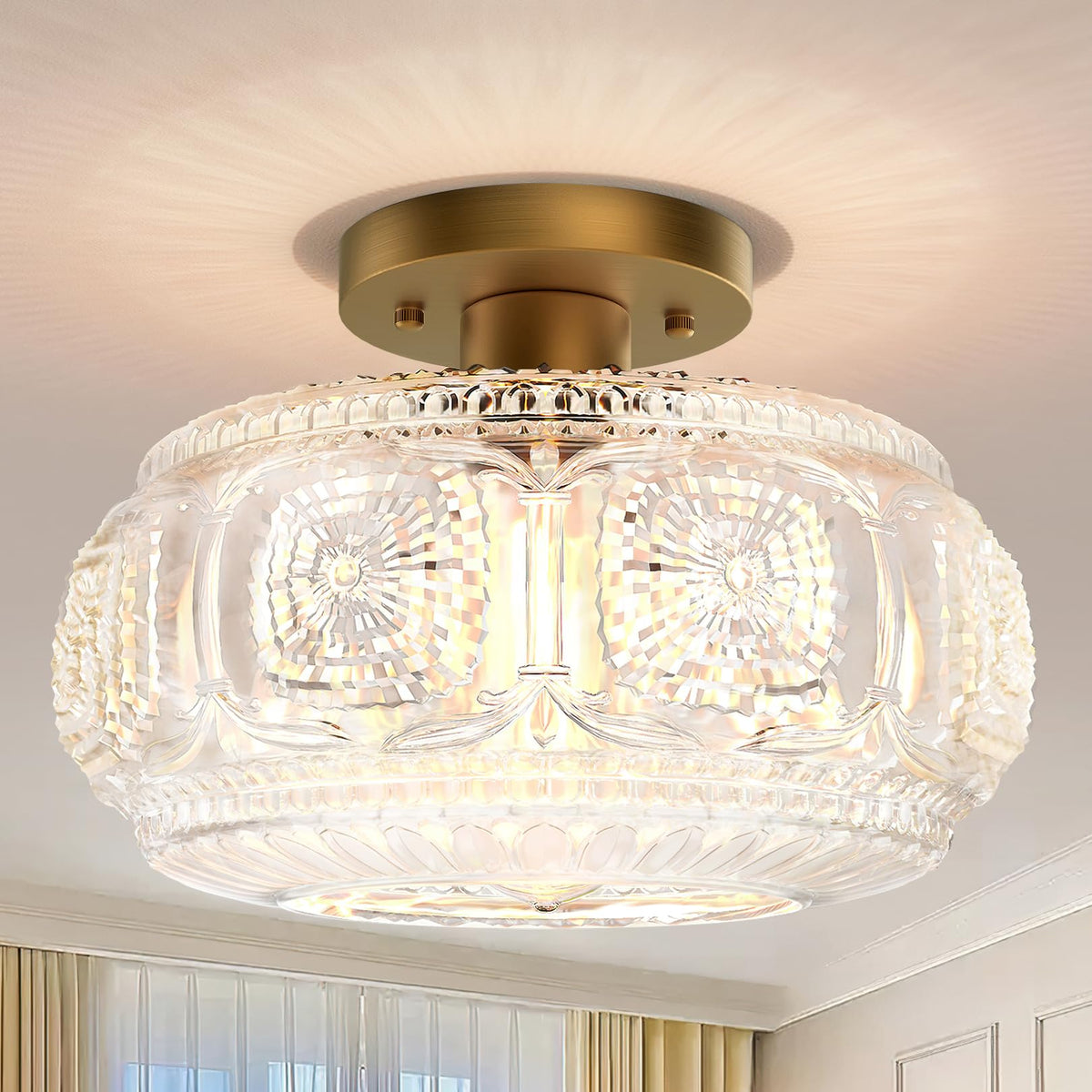 Globe Glass Semi Flush Mount Ceiling Light Fixture, Vintage Gold | Beautiful Light Shadow, Easy to Install, Bright Ambiance, Modern Lighting for Hallway Entryway Kitchen Bathroom Bedroom