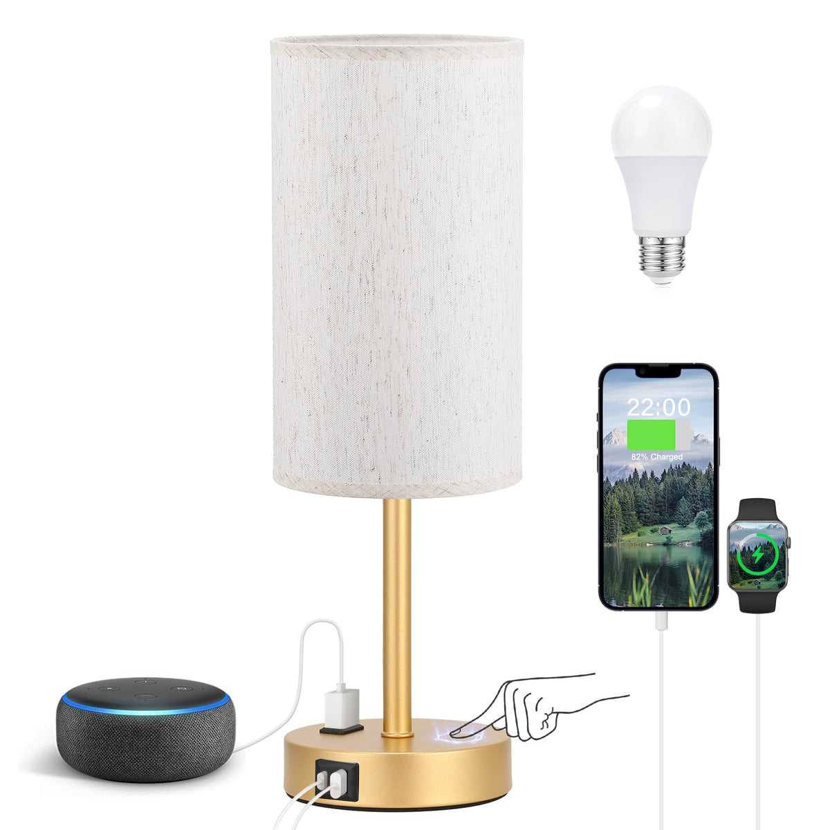 Bedside Table Lamp for Bedroom - Dimmable Touch, USB A+C, AC Outlet | 3-Way Dimmable, LED Bulb Included, Fabric Lampshade, Wood-Grain Metal Base, 14" Small Nightstand Lamp for Desk, Living Room