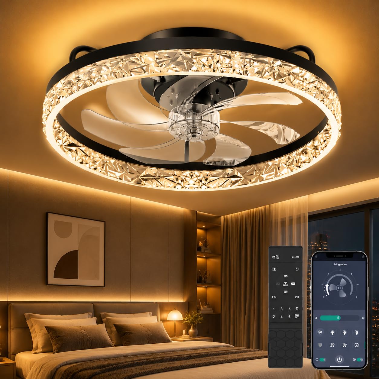 Ceiling Fans with Lights and Remote - 20'' Low Profile Ceiling Fan | 1-6 Wind Speeds, Reversible, Timer, 3000-6500K Dimmable LED Fan Light, Modern Flush Mount Ceiling Fans for Bedroom, Kitchen