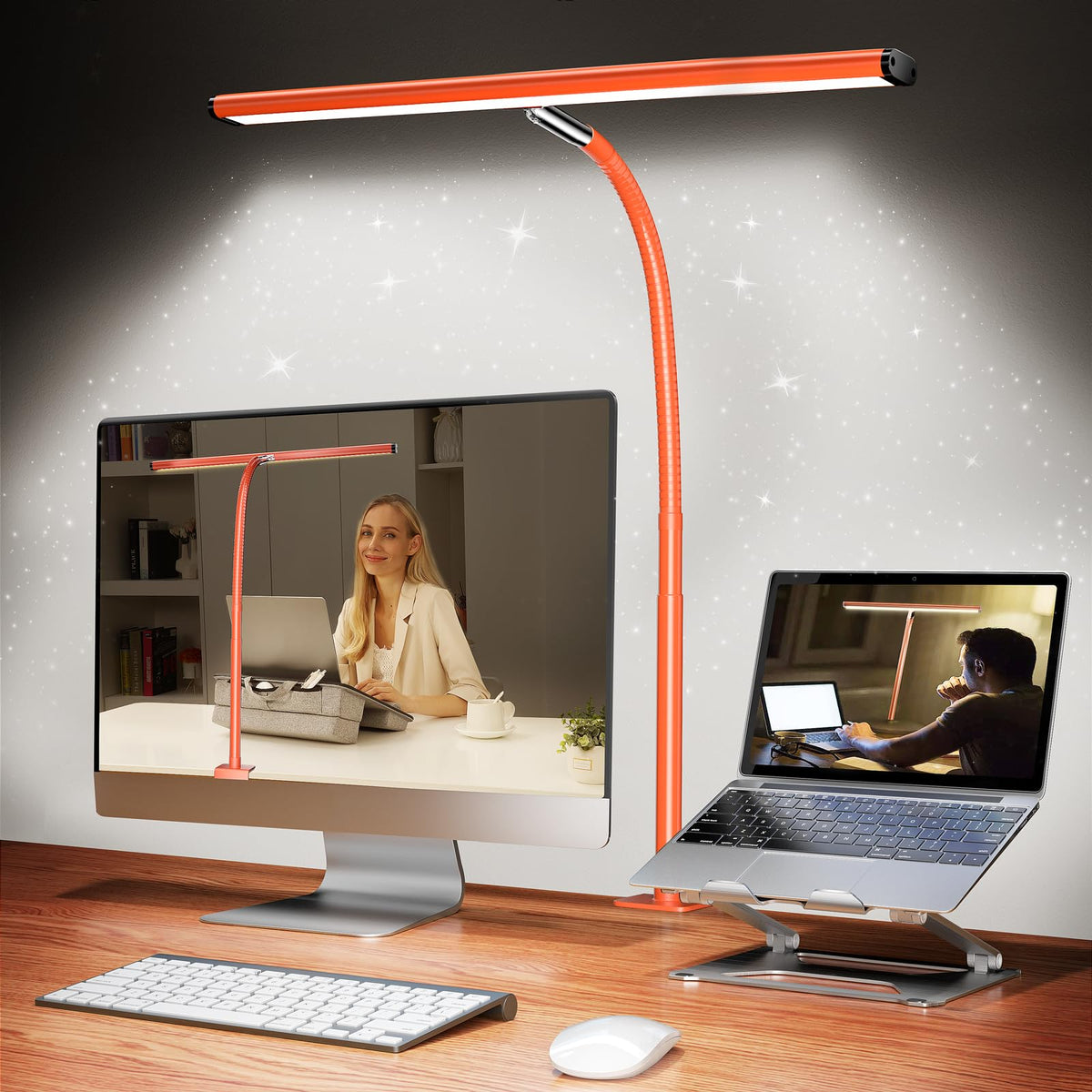 Airlonv LED Desk Lamp with Clamp, 17" Stepless Dimming Light, Black | 2700K-6500K, 100 LEDs, 360° Gooseneck, Fits Up to 30" Monitors, Flicker-Free Lighting for Home Office, Study& Workbench