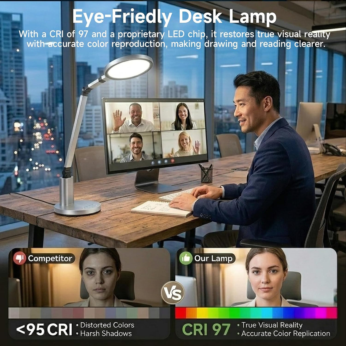 Desk Lamp for Home Office, Eye-Caring Diffused Table Lamp, 3 Colors & Dimmable Computer Lamp with Timer Function, Metal Swing Arm Reading Light