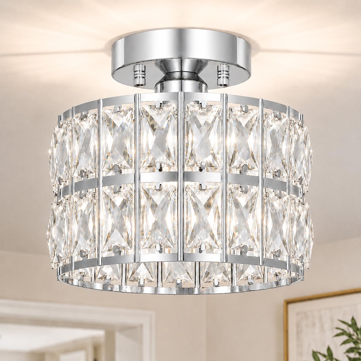 Crystal Ceiling Light Fixture, Modern Semi Flush Mount Ceiling Light, Gold Hallway Lighting Fixtures Chandelier for Kitchen, Close To Ceiling Light Fixtures for Entryway Bedroom, 1-Light, 11Inch