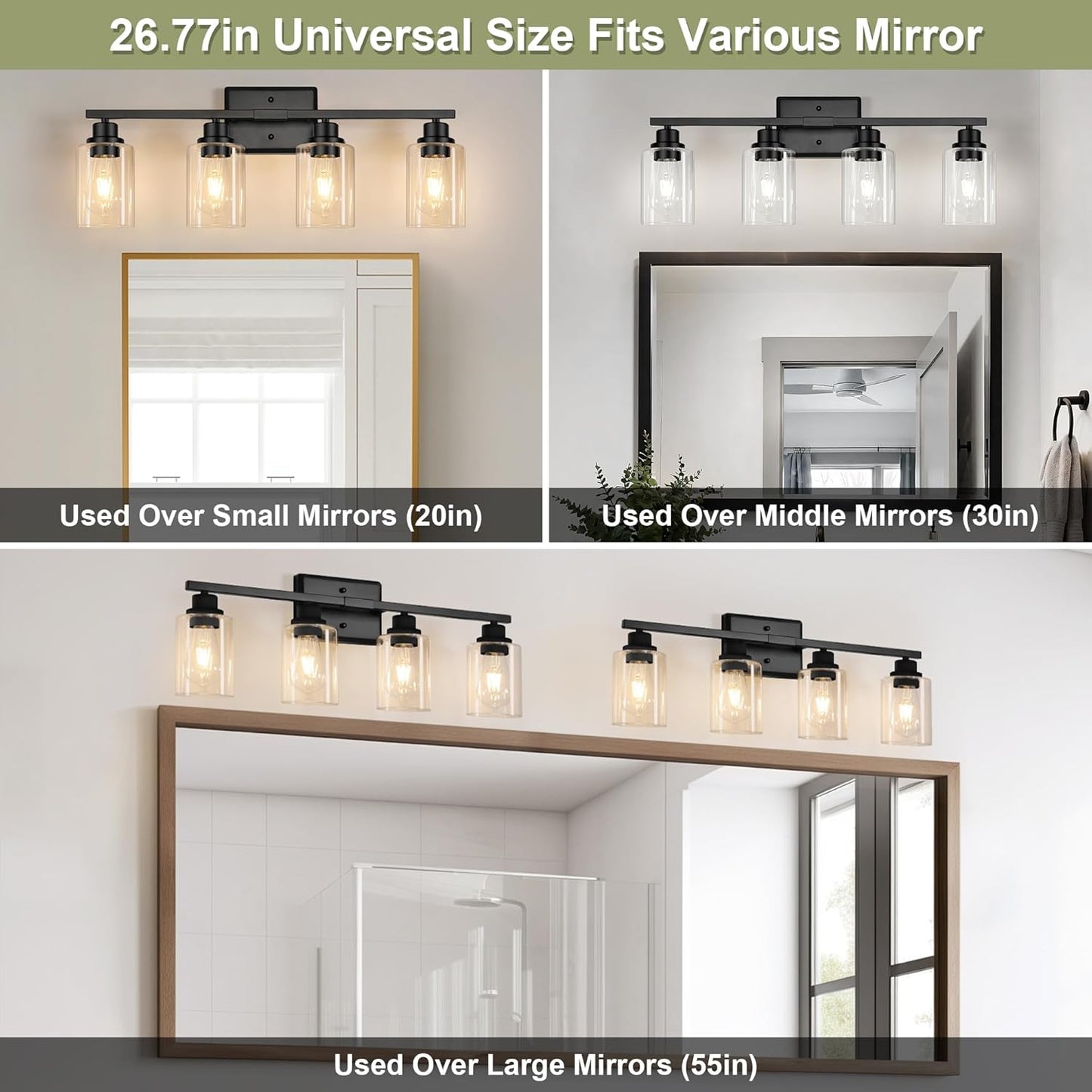 Modern Bathroom Light Fixtures, 4 Light Vanity Lights Over Mirror, Black Wall Lamp with Clear Glass for Living Room Cabinet Bedroom Porch