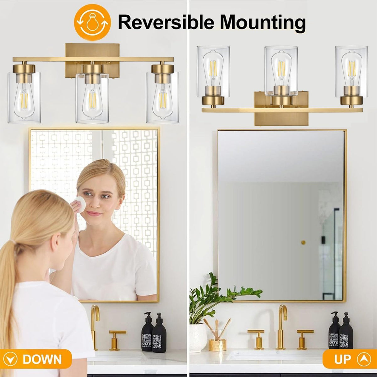 3-Light Bathroom Vanity Light, Modern Brushed Gold Wall Lights with Clear Glass Shades, Bathroom Wall Sconce Lamp for Mirror Living Room Bedroom Hallway