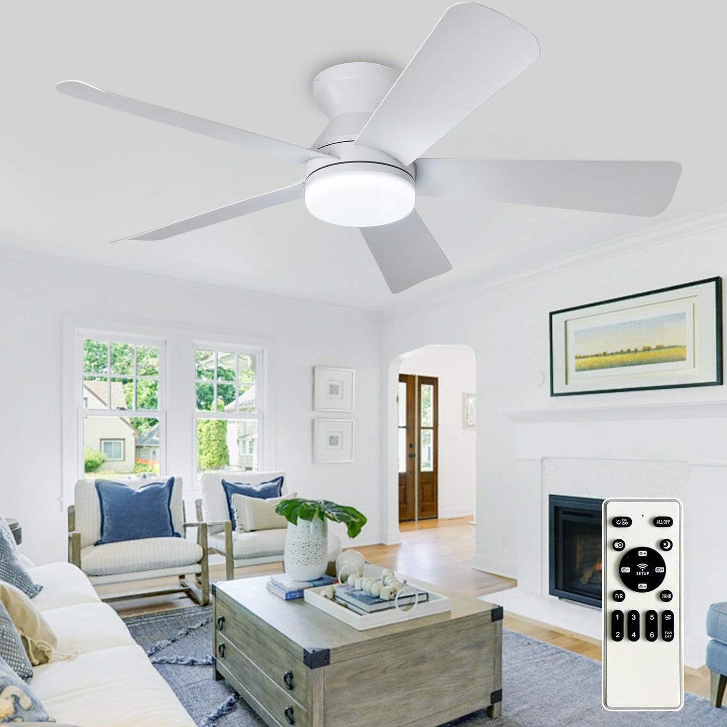 Depuley Modern Ceiling Fan with Light: 42-Inch Black Small Fans for Bedroom Indoor Outdoor - Dimmable Low Profile Ceiling Fans with Remote Control Flush Mount 5 Reversible Black Blades 6 Speeds Timer