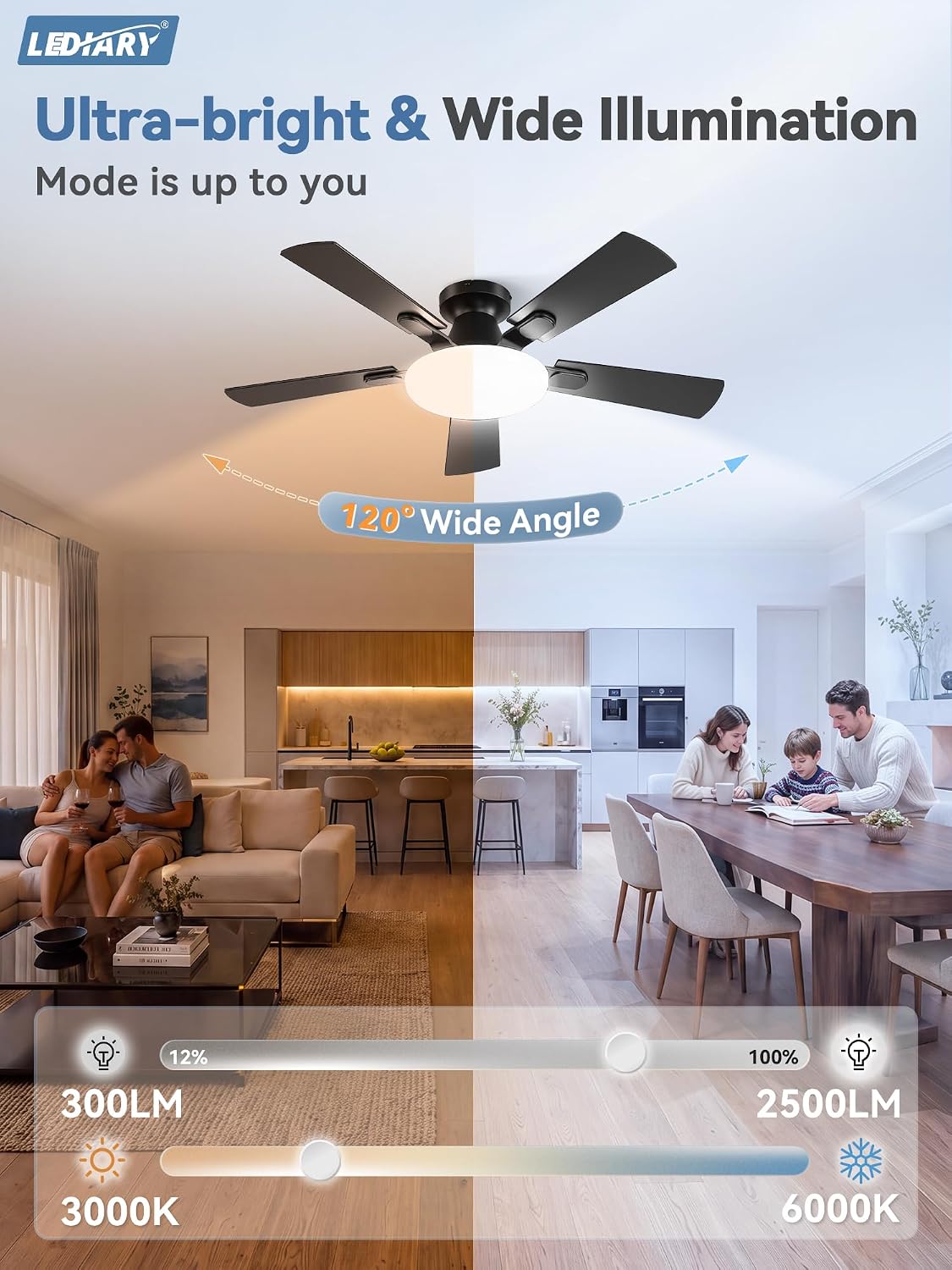 LEDIARY 52 Inch Flush Mount Ceiling Fans with Lights, Remote & APP Control | Bright Light, 3CCT, Memory Function, Timer, Reversible Blade, Quiet DC Motor, Damp-Rated, Living Room, Bedroom, Covered Patio