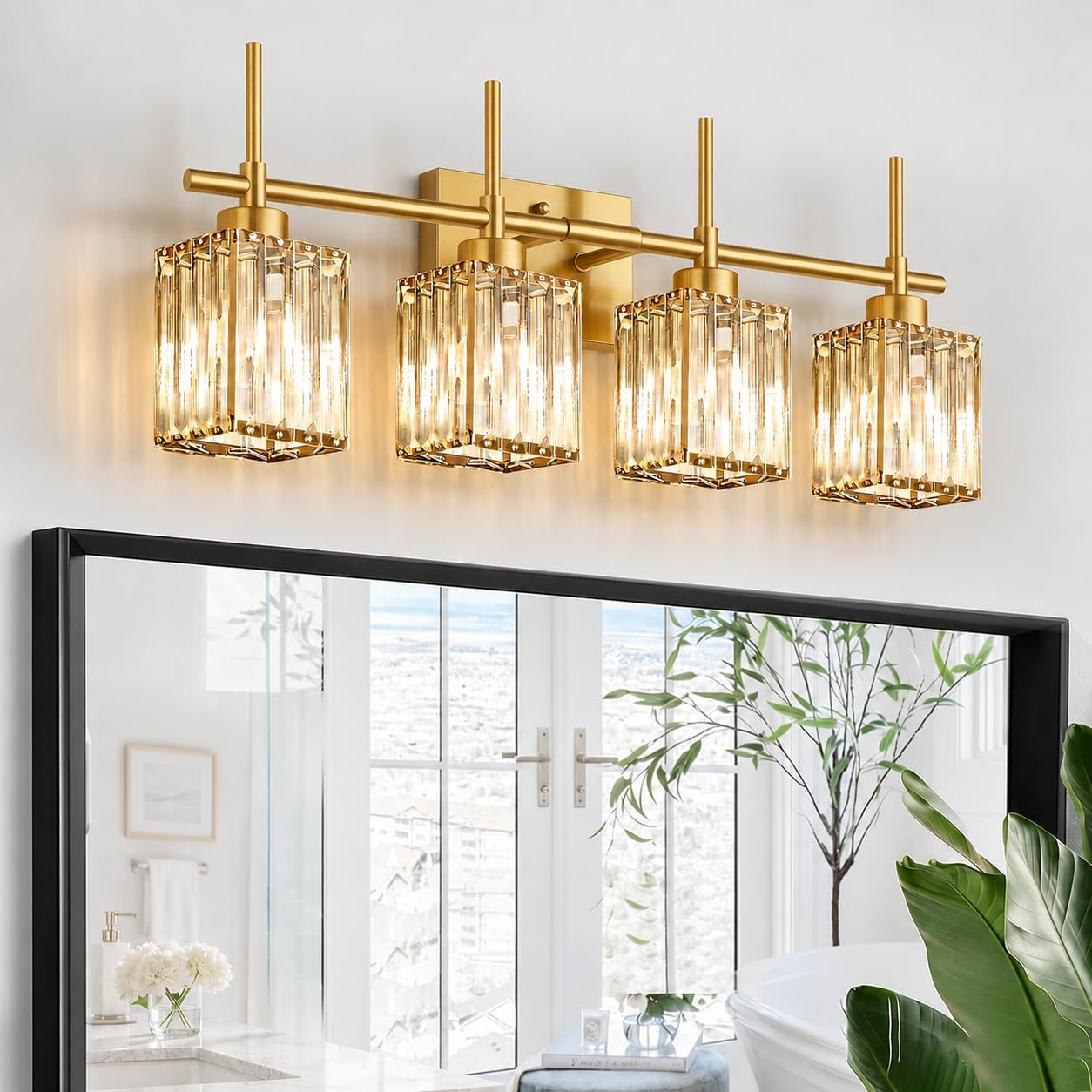 Torondo Modern Crystal Bathroom Vanity Light 4-Lights Gold Bathroom Light Fixtures Over Mirror Black and Gold Vanity Lighting Fixtures Gold Square Shade Brass Wall Sconce (Bulbs Not Include)