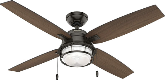 Hunter Ocala, Outdoor or Indoor, Ceiling Fan, Rustic, 52 inch, Noble Bronze | with LED Light and Pull Chain, Standard Mount, 4 Blades, For Living Room, Patio, Porch, Garage, 59214