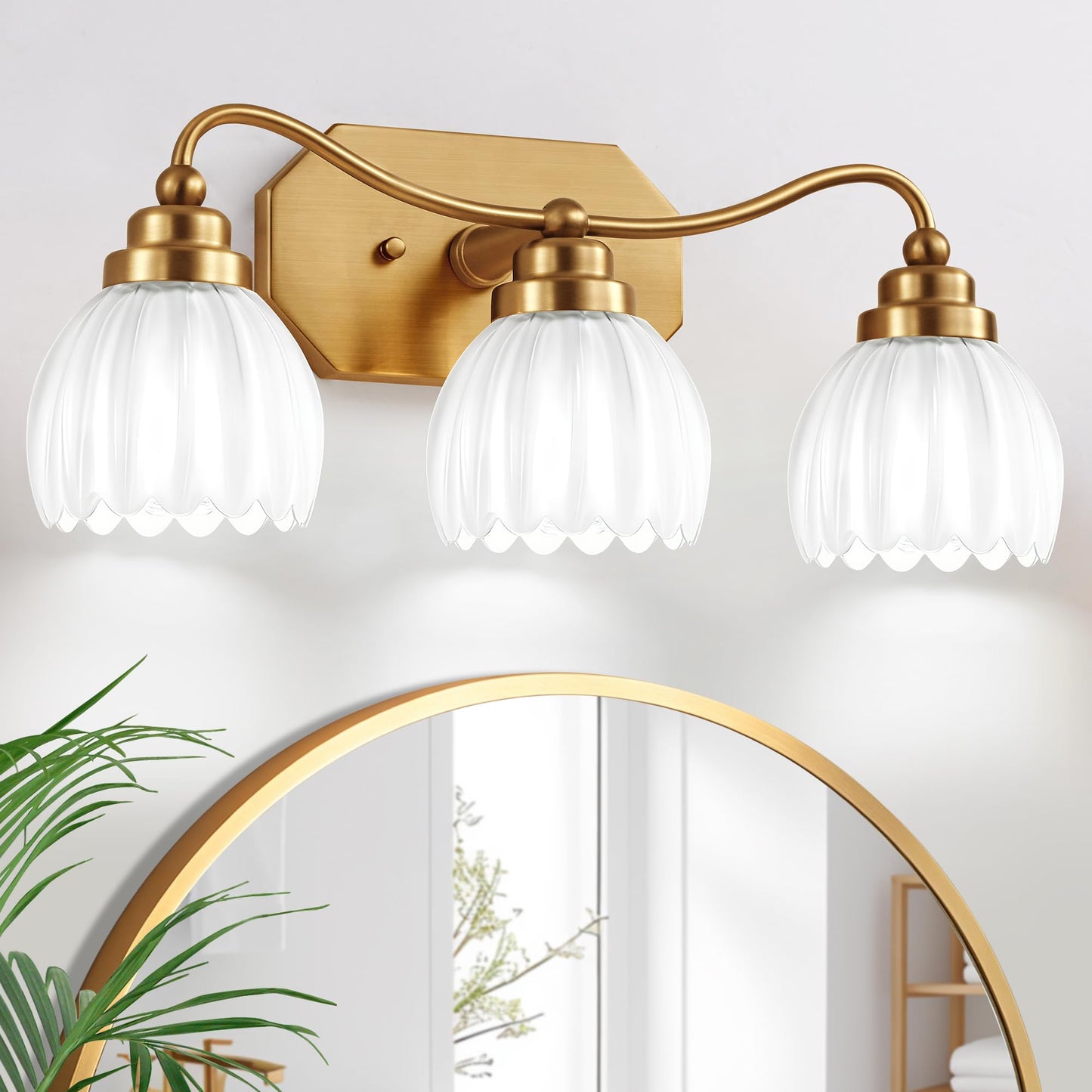 3 Light Gold Vintage Vanity Lights, Antique Brass Finish | Clear Tulip Crystal Shades,Brushed Gold Bathroom Light Fixtures,Wall Sconce Ideal for Bedroom, Hallway, Easy to Install