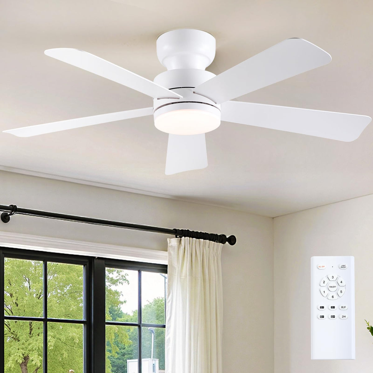 Asyko 46"Black 6-Blade Modern Low Profile Ceiling Fan with Light and Remote | 6 Double-Sided Blades,6 Wind Speeds, Reversible,Dimmable 3 CCT LED Light, 25W Quiet DC Motor,1/2H Timer,for Bedroom Kitchen
