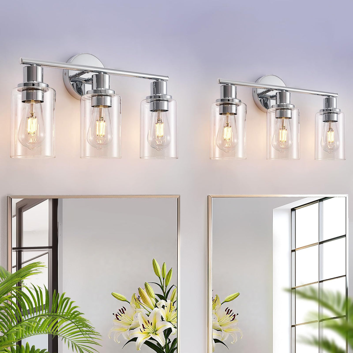 DLLT 3-Light Bathroom Light Fixtures: Set of 2 Black Modern Vanity Lights with Clear Glass Shade - 18.51" Bathroom Wall Lamp for Mirror Kitchen Living Room